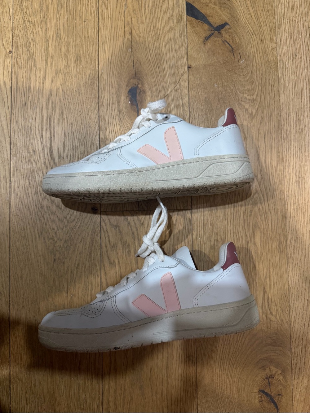 Veja Women’s V10 Leather Low-Top Sneakers in White & Soft Pink